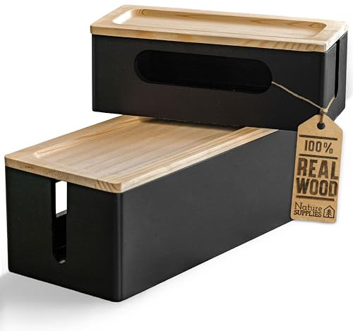 Nature Supplies Set mit 2 Kabelboxen aus Kiefernholz - 1 Klein Kabelbox als Schreibtisch-Organizer, 1 Große Box für den Boden für Kabelorganisation (Schwarz)