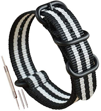 MZBUTIQ 26mm Schwarz/weiß Uhrenarmband Watch Band Dickes Nylon für Herren Matte Schwarze Schnalle 4 Ringe