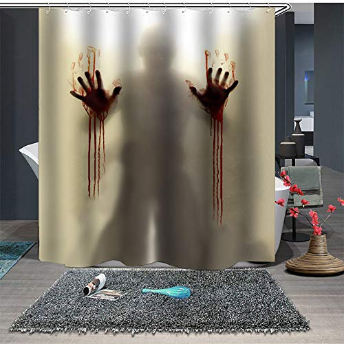 Chickw1 Anti Moisissure Imperméable Rideaux de Douche et 12 Crochets, 3D Halloween Horreur Thriller Crâne Motif Rideaux pour Maison Salle de Bain Douche (180x200cm,Handprints Sanglants)