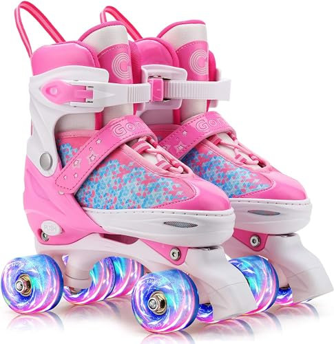 Gonex Verstellbar Rollschuhe, Leuchtenden Rädern Roller Skates für Mädchen Jungen Kinder Erwachsene (S (31-34) EU, ROSA)