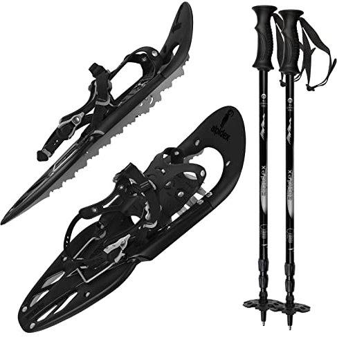 ALPIDEX Schneeschuhe 25 INCH Schuhgröße 38-45 bis 130 kg Steighilfe Tragetasche Optional Stöcke, Farbe:Black mit Stöcken