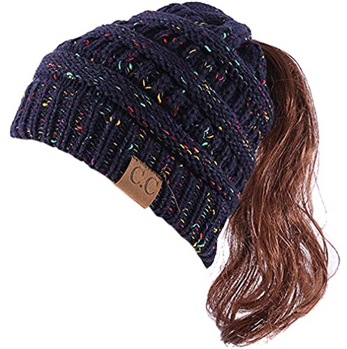 DURINM Damen Strickmütze Gestrickt Wintermütze Beanie Mädchen Zopfloch | Strickmütze für Pferdeschwanz Ponytail Beanie Damen Mütze Messy (Marine)