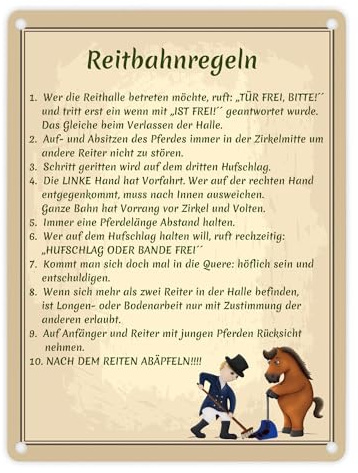 Reitbahnregeln Metallschild in 15x20 cm Regeln für Reithallen und Reitvereine einfach und optisch ansprechend dargestellt Jugendreitstunde Ponyreiten Regeln Reithalle