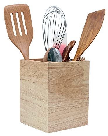 Eitida Solid Rubber Wood Kitchen Utensil Holder – Natural Beige Storage for Cutlery, Silverware, Spoons, Spatulas & Cooking Tools – Stand on Tabletop, Soft Padded Bottom, 12.7cm x 12.7cm x 16.5 cm