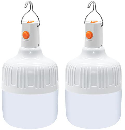 Ledeak Camping Lantern, 2Pcs 500 Lumens Rechargeable LED Light Bulb 2 Modes Battery Powered Outdoor Lamp with Hanging Hook and USB, Portable Camping Light Tent Lantern for Emergency Patio Garden BBQ