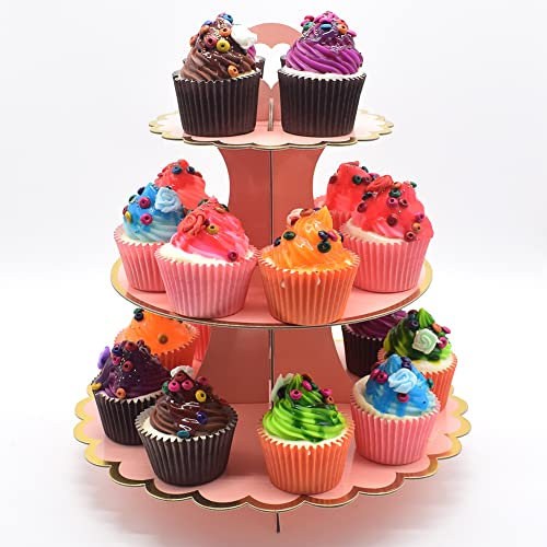 Timkumon 3-Tier Cardboard Cupcake Stand, Disposable Cupcake Display Tower Stand for Holiday Wedding Birthday Party Rose Gold