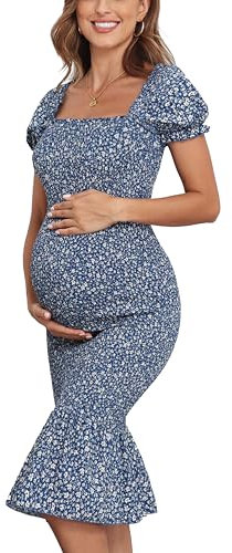 VmSlyii Robe mi-Longue Moulante à Motif Floral et Manches Courtes Bouffantes col carré Ourlet Volants sirène fête prénatale, Bleu, Taille S