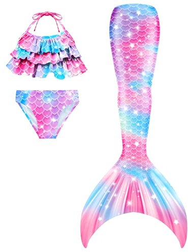 DNFUN Meerjungfrauenschwanz mit Bikini zum Schwimmen für Mädchen Meerjungfrau Schwanz Schwimmen kostüme für Kinder,Meerjungfrau Flosse Mädchen Seperat