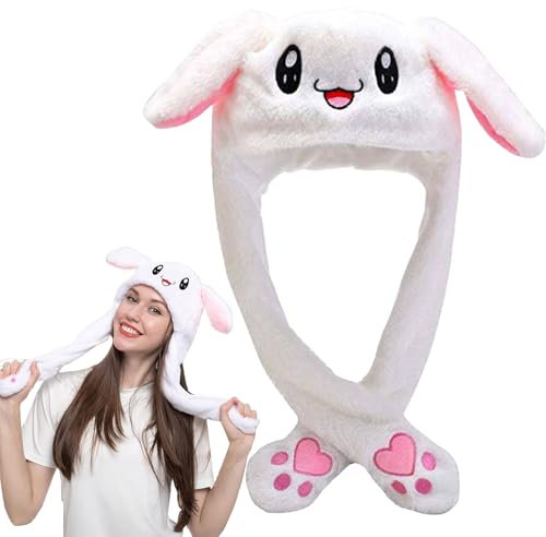 Puduoy Mädchen Plüsch Tier Hase Ohren Hut Mütze mit Wackelohren Beweglichen Ohren Drücken der Tiermütze Machen die Ohren Bewegen Spielzeug Geburtstags für Make up Party Weihnachts Geschenk Cosplay