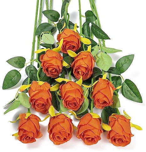 DuHouse 10pcs Artificial Silk Roses Flowers Single Long Stem Fake Rose Bouquet for Wedding Home Party Decoration Centerpieces(Burnt Orange)
