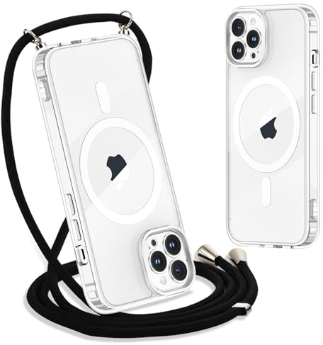 Yoedge Handyband für iPhone 14 Pro Hülle mit Band 6,1, Transparente Magnetisch Handyhülle [Kompatibel mit Magsafe], Schlank Dünn Silikon TPU Stoßfest Schutzhülle mit Kordel zum Umhängen, Schwarz