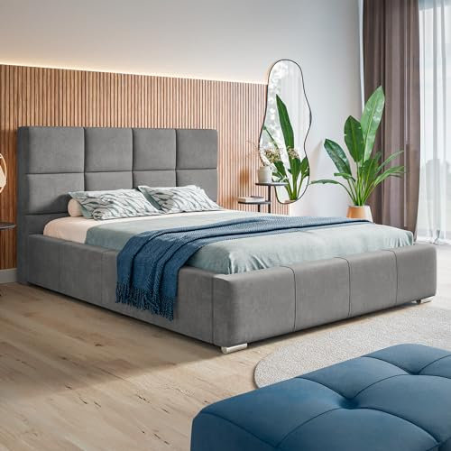 MOTIVENA Luna Bett 200x200, Polsterbett 200x200, mit Bettkasten, mit Stauraum, mit Lattenrost, mit Kopfteil, ohne Matratze, Samt, Grau (Hellgrau)
