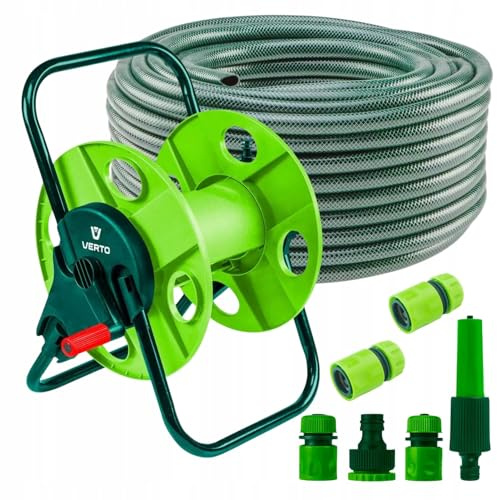 VERTO Schlauchtrommel + Gartenschlauch 30m + Wasserspritze | + 3 x Schlauchverbinder, Wasserstop, Hahnverbinder, Gartenbewässerung Komplettes Starterset