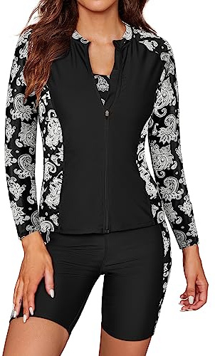 SHEKINI Women's 3 Pieces Long Sleeve Rush Guard Zip Front Athletic Swimsuit | Sports Bra, Boyshort Bottoms, Tankini, Swimwear