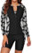 SHEKINI Women's 3 Pieces Long Sleeve Rush Guard Zip Front Athletic Swimsuit Sports Bra with Boyshort Bottoms Tankini Swimwear, Black+Print, X-Large