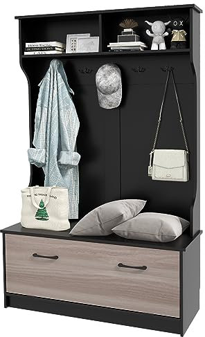 CASART Coat Stand with Shoe Storage, 100x40x160cm Wooden Clothes Rack with Shoe Bench, 2 Shelves & 5 Double Hooks, 3 in 1 Storage Shelf Freestanding Hall Tree for Hallway Entryway Living Room (Black)