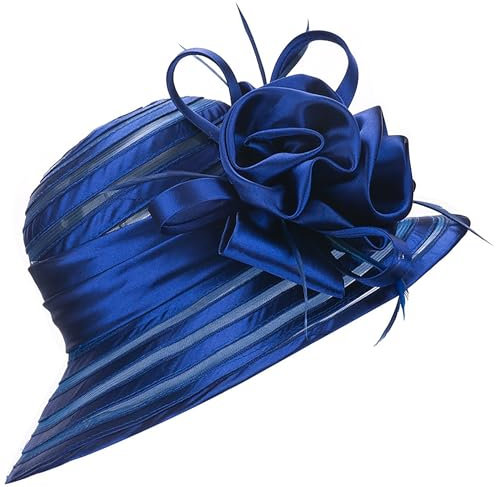 HilyBony Kentucky Hut für Damen, Organza-Derby-Hut, Braut, Hochzeit, Kirche, Teeparty, breite Krempe, Sommer-Sonnenkappe, navy, M