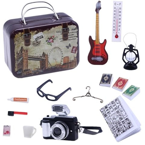 WLZP Wichtel Zubehör Set, 13 Pcs Miniatur Wichtelzubehör, Miniatur Reise Deko für Wichtel,Wichtelzubehör mit Zahnbrüste Zahnpasta Bücher Brillen Koffer Kamera Gitarre