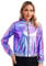 FEESHOW Damen Metallic Jacke Langarm Holographic Baseball Jacke Mit Reißverschluss Glänzende Party Festival Oberteil Blau_A M