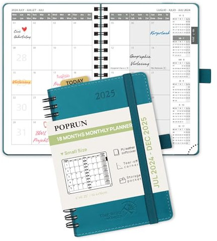 POPRUN Kalender 2025 Monatsplaner A6 (Jul.2024 - Dez.2025) - 18 Monate Monatskalender Ringbuch 16 x 10,5 cm - 1 Monat 4 Seiten, Softcover mit PU-Leder, 100 GSM Papier - Pazifikgrün