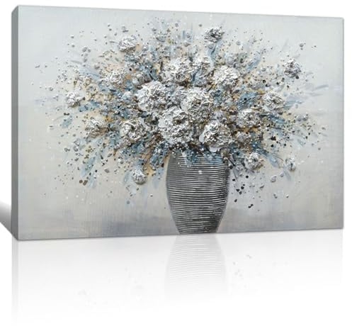 Retro Mit Rahmen Leinwand Wandbilder, Rustikale blau grau blühende Blume in Vase leinwand bilder gedruckt auf leinwand bilderdruckt Wanddekoration für Schlafzimmer Wohnzimmer Bad Büro hängen 40×60CM