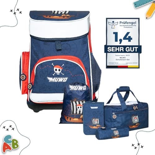 MUWO Kinder Schulranzen Set 5tlg. ergonomischer Leichter Schulrucksack mit Sporttasche, Turnbeutel, Federmappe, nur 920 Gramm (Pirat Design)