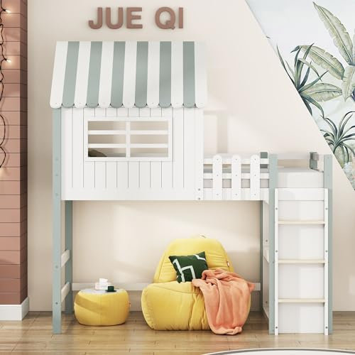 YCYDHDM Hochbett 90x200cm mit Fenster und Dach, Kinderhochbett Hausbett mit Rausfallschutz und Stauraum, Bettgestell aus Massivholz, Bett mit Lattenrost, Ohne Matratze, Kinderbett, Grün