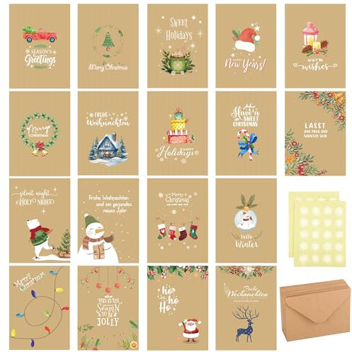 BoriYa Weihnachtskarten mit Umschlag Set, 36 Stück Christmas Card Klein mit Siegelaufkleber, 18 Typen Gemusterte Schöne Weihnachskarten, Hochwertig für Geschenke, Weihnacht Kart Selbst Gestalten
