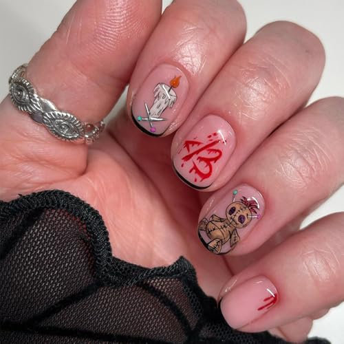 Halloween Press on Nails - 24pcs Short False Nails Short - Fake Nails Cute Halloween Terror Mending Doll - Funny Acrylic Stick on Nail for Women Girls Nail Art Cosplay Decoration