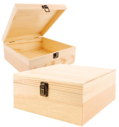 SHUESS Holzkiste mit Deckel 2er Set 23 x 23 x 10 cm, Holzbox aus massivem Kiefernholz naturbelassen, kleine Holzkiste mit Metallscharnier für Erinnerungen, Fotos, Karten, DIY Geschenkbox