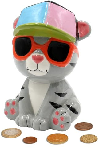 Sparfigur, Spartier, Spardose, Sparbüchse, Kinderspardose, Sparschwein als Katze mit Sonnenbrille aus Keramik mit wiederverschließbarem Gummistopfen, L/B/H 11 x 11 x 16 cm.