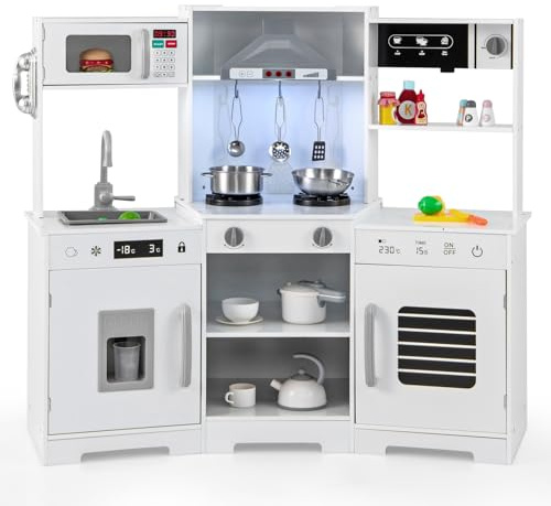 COSTWAY Kids Corner Play Kitchen, Wooden Pretend Toy Kitchen with Realistic Lights & Sounds, Range Hood, Ice Maker, Sink, Faucet, Utensils, Children's Chef Role Play Set for Boys Girls (White)