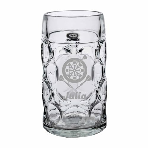 LUXENTU ISAR Maßkrug mit Gravur, Darts-Volltreffer, 1,0 l, 1 Stück | Personalisierter Bierkrug zum Geburtstag mit Darts-Motiv für Bierliebhaber, spülmaschinenfest