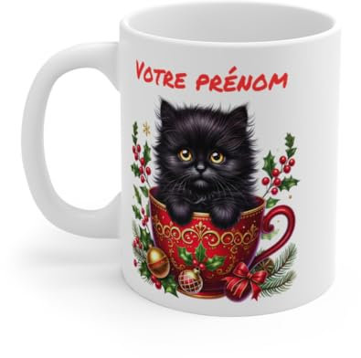 Mug Personnalisé Chat Noir en Tasse de Noël - Cadeau Unique et Festif en Céramique avec Prénom