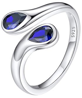 Bestyle Ring Silber 925 Damen Offen Verstellbare Ring Blauer Stein Einfacher Ring Teardrop Chunky Rings Silver Frauen Stressring mit Geburtsstein Saphir