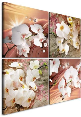 B&D XXL - Ensemble de 4 tableaux d'art décoratif 80x80 cm - Impression sur toile décoration murale peinture maison salon - Orchidées aux tons chauds délicats naturels floraux zen b-C-10454-b-a