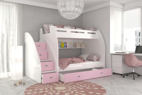 Generisch Hochbett, Kinderbett, Etagenbett ZU mit Matratze Treppe beide seitig montierbar. Farbe wählbar (Weiß/Rosa)