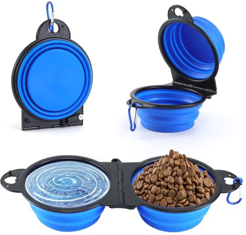 Qcdou Collapsible Dog Bowl, 2 in 1 Dog Travel Bowl, Portable Silicone Dog Water Bowl with Carabiner, Pet Feeding & Watering Bowl for Outdoor Walking, Hiking and Camping(Blue)