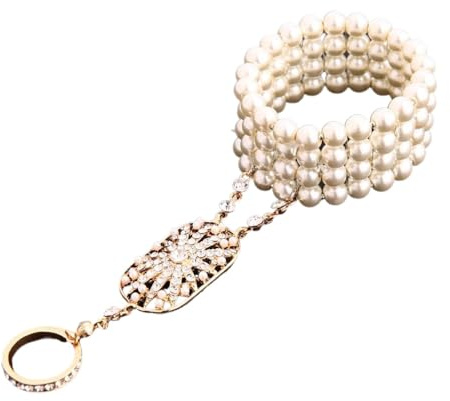 Niaspi Elegant Faux Pearl Bracelet 1920s Gatsby Flapper Pearl Bracelet Finger Ring Rhinestone Geometric Galaxy Statement Link Chain Tassel Vintage Harness Chain Wedding Party Cocktail Jewelry Gift