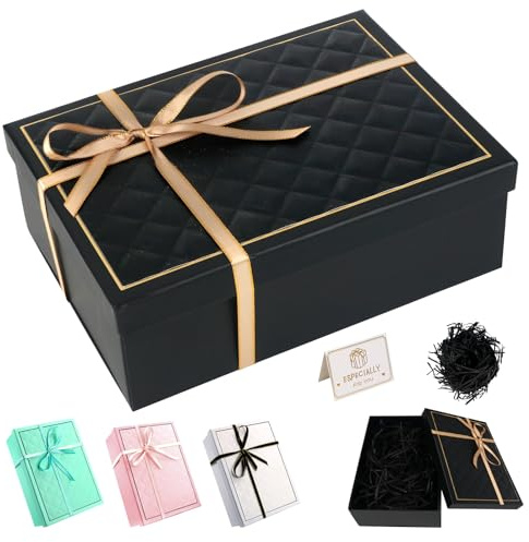 Geschenkbox, Schwarz Geschenkbox mit Deckel 22 x 18 x 8,5cm Geschenkboxen | mit Schleife, Raffia und Grußkarte, Geschenkkarton für Geburtstag, Weihnachten und Valentinstag
