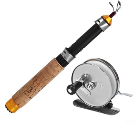 Honseadek Set da pesca sul ghiaccio, canna da pesca in fibra di carbonio da 60/80/100 cm, finitura con venature del legno, con mulinello rosso ad alte prestazioni, kit compatto e resistente (canna da