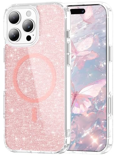 IMEIKONST Magnetic for iPhone 12 Pro Max Case Clear Glitter Pink JXSF | Compatible with Magsafe, Slim Fit Transparent Cover, Sparkle Bling, Soft TPU Bumper Shockproof, for Women and Girls