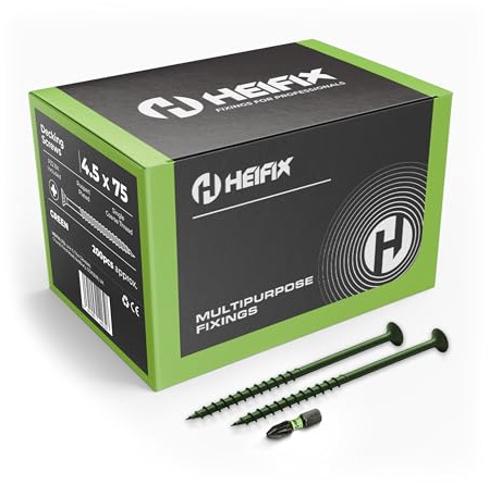 Heifix Decking Screws - 4.5 x 75mm, 200 QTY, Pozi, FREE Screw Bit | Pozi Decking Screws With Countersunk Heads For A Flush Finish. Ideal For Decking, Timber, Fencing And General Outdoor Fixing.