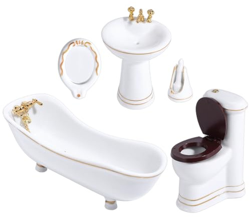 WADORN 5 Stück 1:12 Skala Puppenhaus Badezimmer Armaturen, Miniatur Möbel Set Enthält Badewanne Toilette Waschbecken Spiegel Bürste, Mini Weiß Porzellan Waschraum Kits für Puppenhaus Dekor