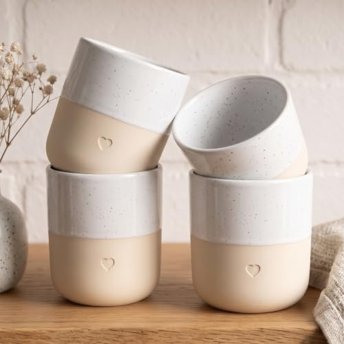 Keramik & Steingut Tassen Set mit Herz Motiv/Gravur | 400ml | in Creme/Beige Weißer Optik | Steinzeug Kaffee, Cappuccino, Latte Macchiato Becher | 2er-, 4er-, 6er-, 8er-, 10er- & 12er Set (2er Set)