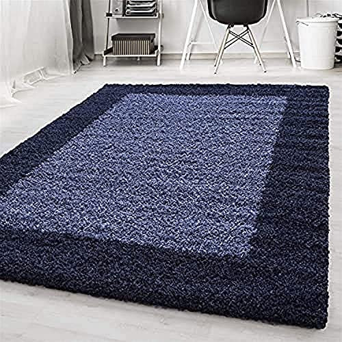 Ayyildiz Teppich-Hochflor Shaggy Teppich Bordüre Muster Wohnzimmer, Polypropylen, Marineblau, 300 X 400