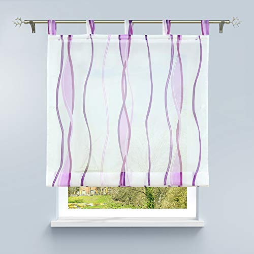 HongYa Raffrollo mit Wellen Druck Transparenter Voile Raffgardine Vorhang mit Schlaufen H/B 140/80 cm Weiß Beere