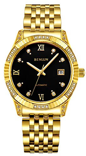 BINLUN Herren Gold Uhren Automatik Armbanduhr leicht lesbares Zifferblatt einfache Uhr Diamant Gold plattiert mechanische Armbanduhr für Männer Leuchtzeiger Armbanduhren（Schwarzes Zifferblatt）