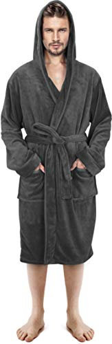 NY Threads Luxury Men’s Hooded Dressing Gown Super Soft Men’s Fleece Robe Cozy Hooded Plush Loungewear, Large, Dark Grey