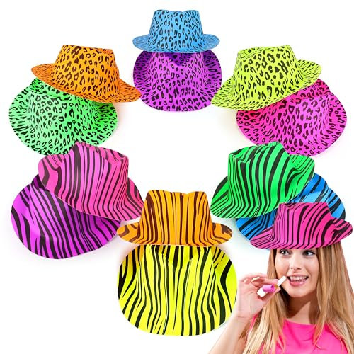 The Glowhouse Sombreros de gángster con estampado de animales de neón, paquete de 12 sombreros de fiesta para niños, adultos y adolescentes